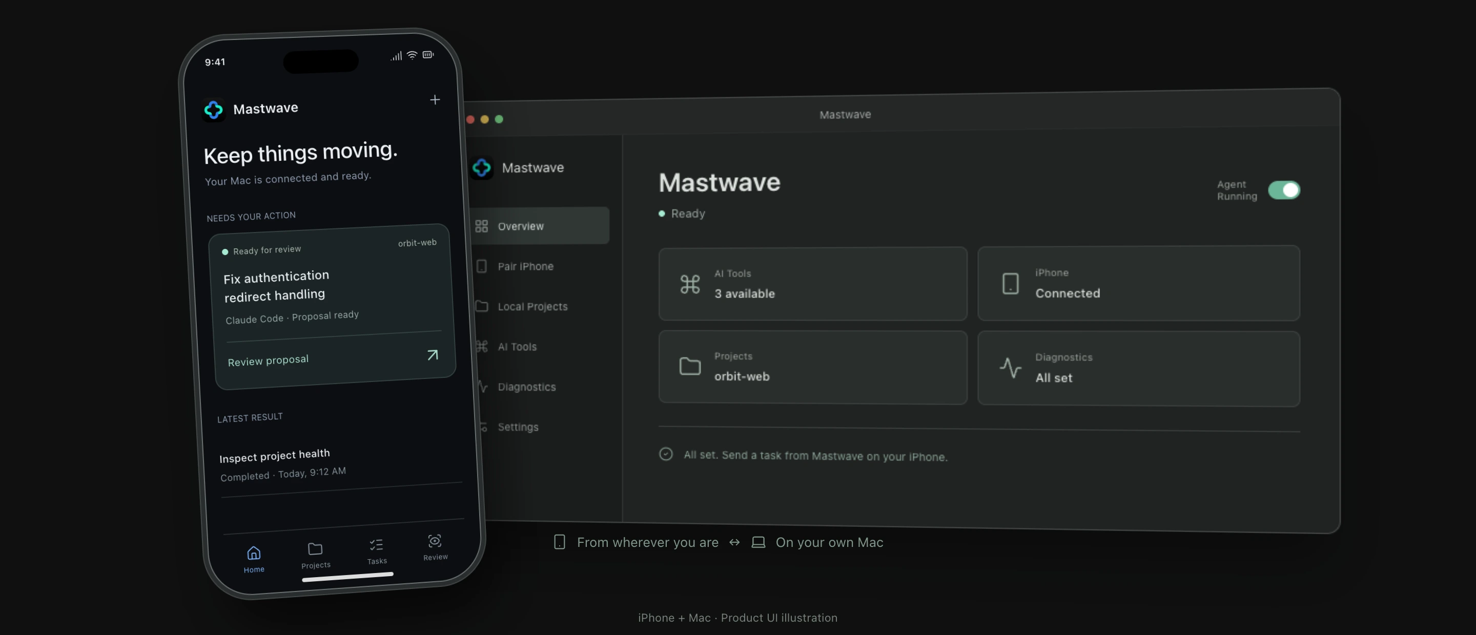 Mastwave on iPhone showing a task ready for review, alongside the Mac app with a connected iPhone, local projects and coding agents.